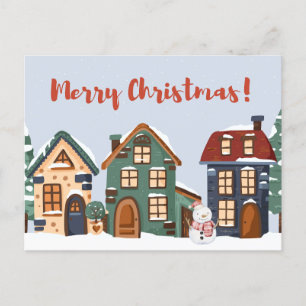 Carte Postale Joyeux Noël Snowman et Maisons