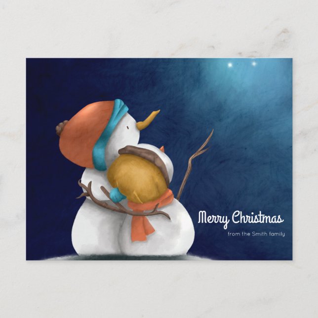 Carte Postale Joyeux Noël Starry nuit avec Snowmen étreinte (Devant)