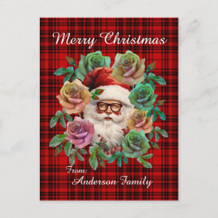 Carte Postale Joyeux Noël Tartan Rouge Floral Père Noël