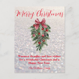Carte Postale joyeux Noël vacances verdure déco blanc neige