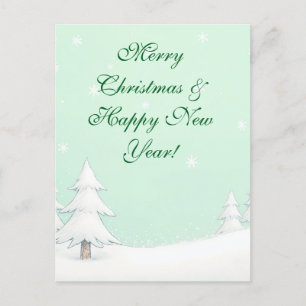 Carte Postale Joyeux Noël vert et pins neigeux