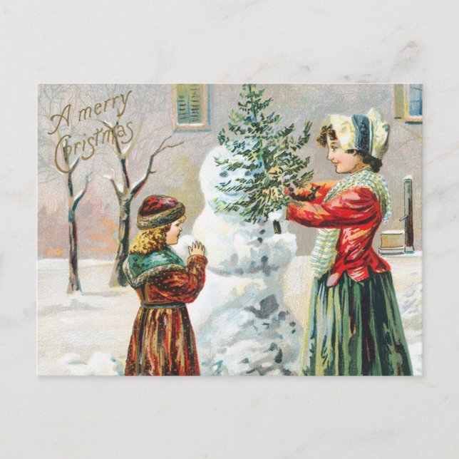 Carte Postale Joyeux Noël Victorian Family et Snowman (Devant)