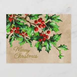 Carte Postale Joyeux Noël vintage Baies de houx avec message