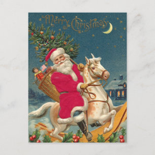 Carte Postale Joyeux Noël Vintage Père Noël à cheval