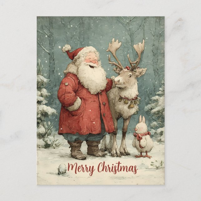 Carte Postale Joyeux Noël Vintage Père Noël & Reindeer (Devant)