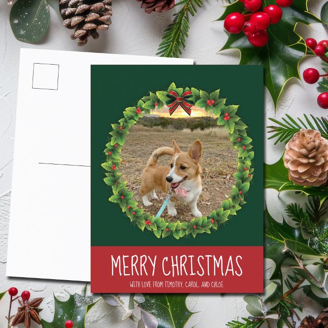 Carte Postale Joyeux Noël Wreath mignon Custom Chien Photo Vert (Créateur téléchargé)