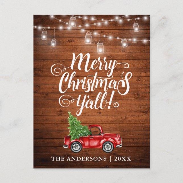 Carte Postale Joyeux Noël Y'all Jar Lumières Camion Bois (Devant)