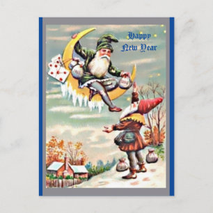 Carte Postale Joyeux Nouvel An Gnomes, Tomte, Lune, Sacs d'argen