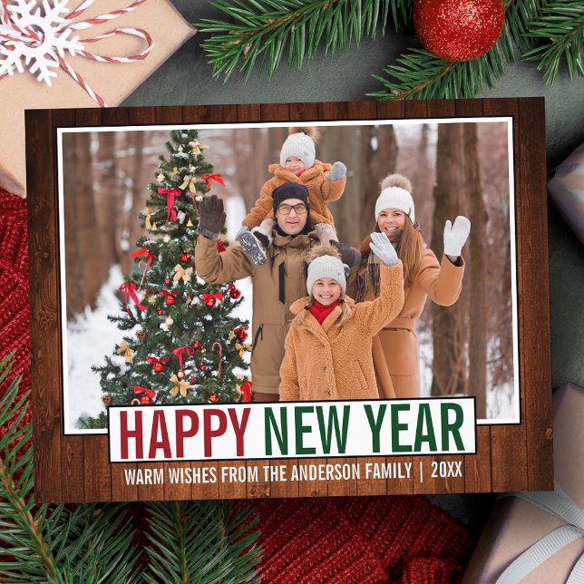 Carte Postale Joyeux Nouvel An Moderne Photo en bois (Customize to change your personalized text size or text style.)