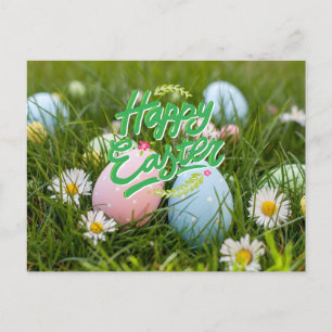 Carte Postale Joyeux Oeufs et fleurs peints de Pâques