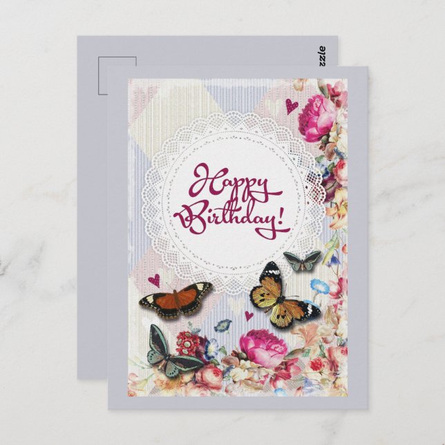 Carte Postale Joyeux papillons et fleurs d'anniversaire (Devant / Derrière)