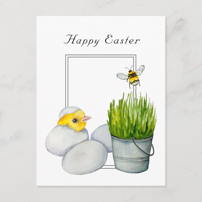 Carte Postale Joyeux Pâques, mignon poussin et bourdon (Devant)
