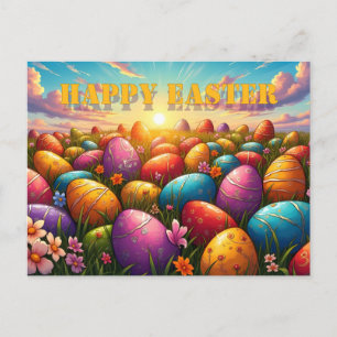 Carte Postale Joyeux Pâques Œufs Colorés dans une Prairie Printa
