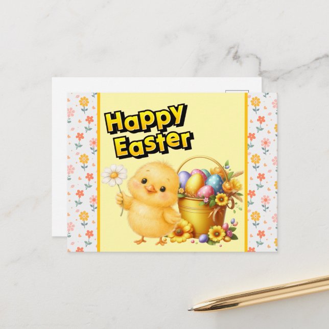 Carte Postale Joyeux Pâques Poussin  (Devant/Arrière en situation)