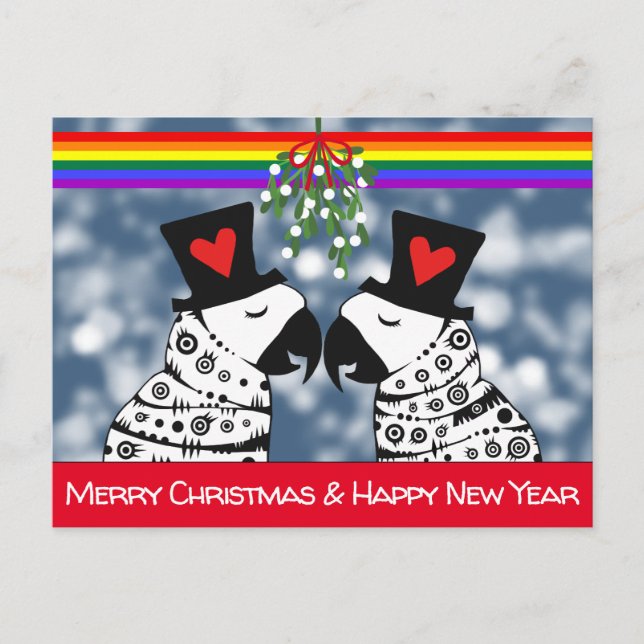 Carte Postale Joyeux Parrots Gay de Noël sous le Mistletoe (Devant)