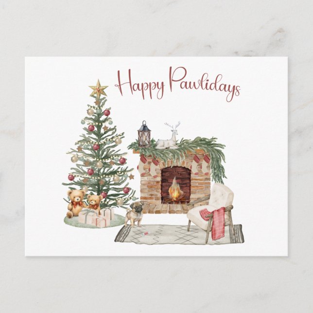 Carte Postale Joyeux Pawlidays Design Chien - Pug (Devant)