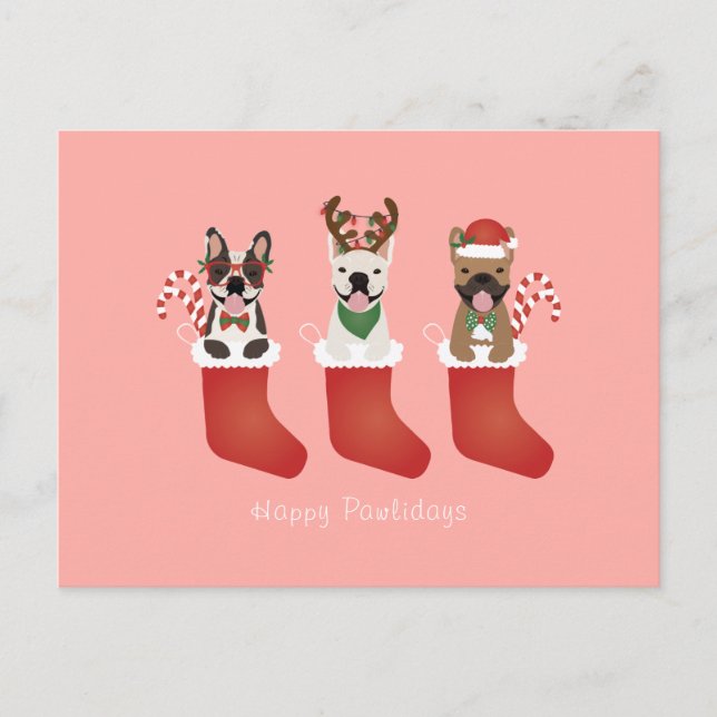 Carte Postale Joyeux Pawlidays Français Bulldogs Noël Stocking (Devant)