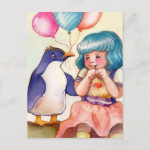 Carte Postale Joyeux Pingouin et fille d'anniversaire