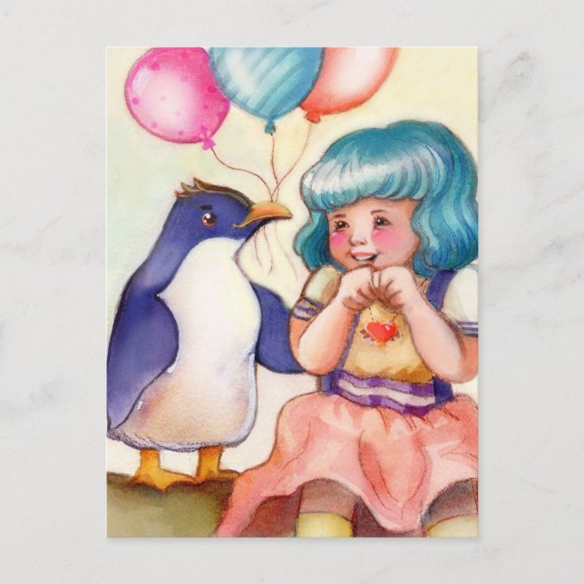 Carte Postale Joyeux Pingouin et fille d'anniversaire (Devant)