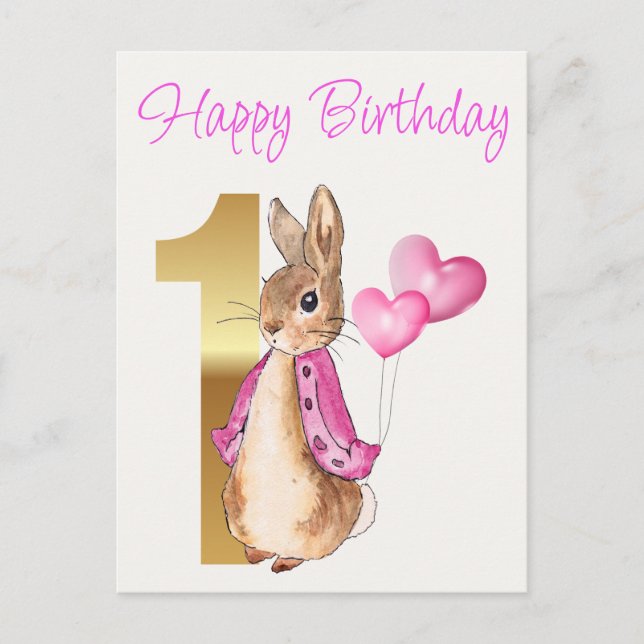 Carte Postale Joyeux premier anniversaire Pierre le Lapin (Devant)