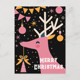 Carte Postale Joyeux rennes roses de Noël illustration festive