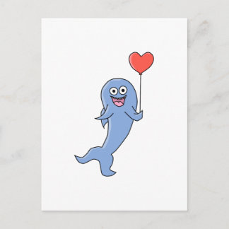 Carte Postale Joyeux requin avec ballon en forme de coeur.