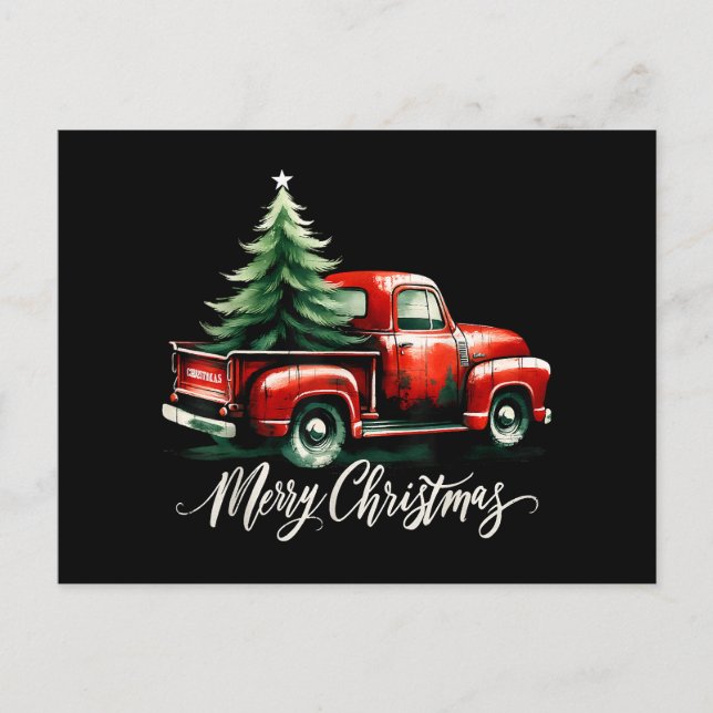 Carte Postale Joyeux sapin de Noël sur Camion Rouge Famille Vint (Devant)