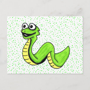 Carte Postale Joyeux serpent de caricature vert brillant jaune s