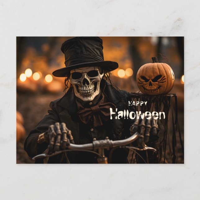 Carte Postale Joyeux squelette d'Halloween et citrouille (Devant)