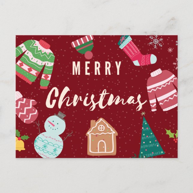 Carte Postale Joyeux Sweaters à nappes, Snowman, Arbre (Devant)