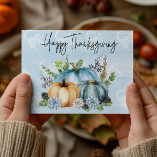 Carte Postale Joyeux Thanksgiving Citrouille Aquarelle Bleue