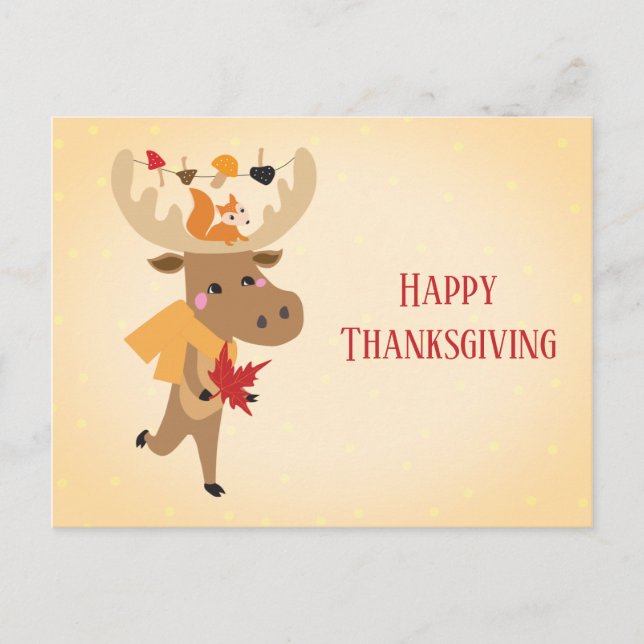 Carte Postale Joyeux Thanksgiving Élan Écureuil Coloré (Devant)