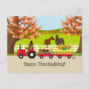 Carte Postale Joyeux Thanksgiving Fox Red Labrador Tracteur