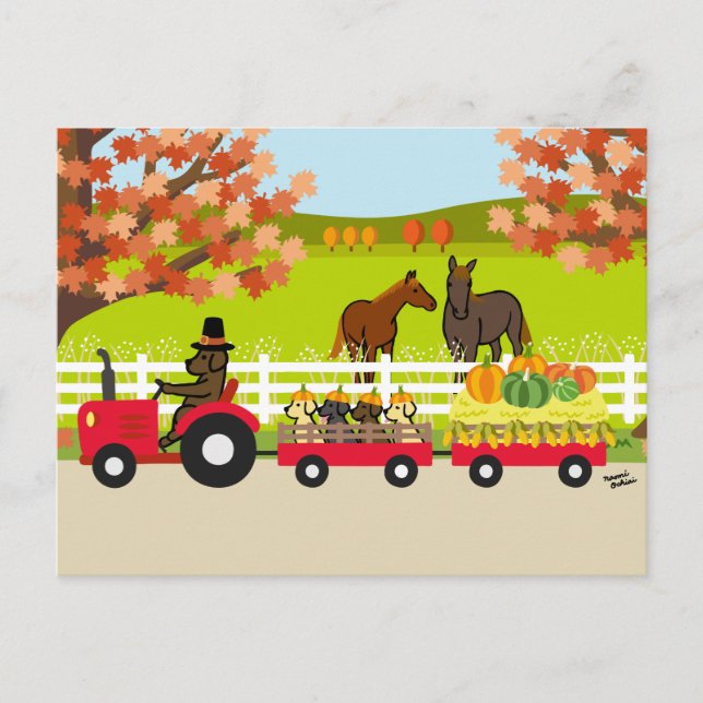 Carte Postale Joyeux Thanksgiving Labradors et Tracteur (Devant)