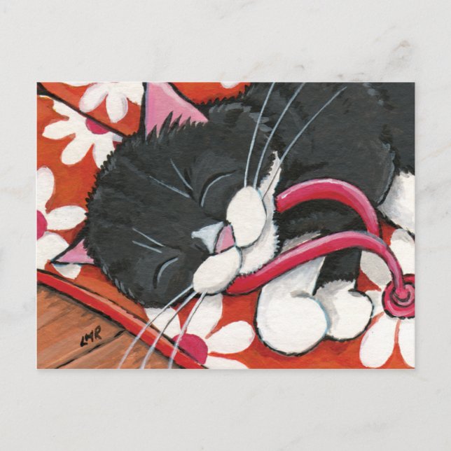 Carte Postale Joyeux Tuxedo Chat endormi sur une paire de tongs (Devant)