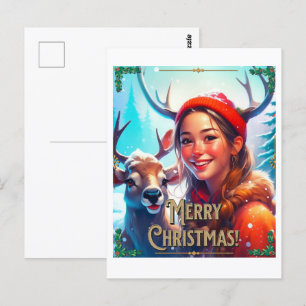 CARTE POSTALE JOYEZ NOËL REINDEER AVEC HEUREUSE FILLE