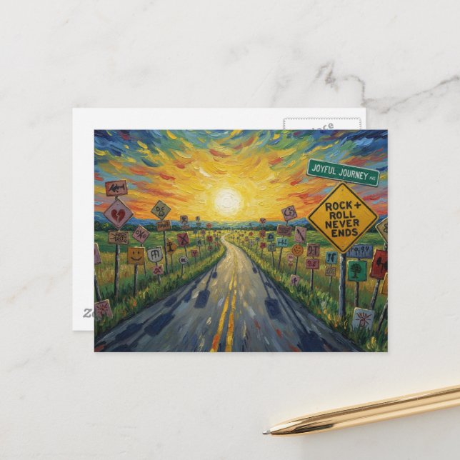Carte Postale Joyful Journey Ave Rock and Roll Never Ends (Devant/Arrière en situation)