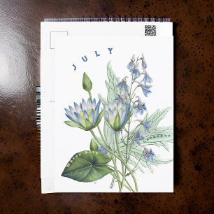 Carte Postale Juillet Mois Fleurs Larkspur et Lys d'eau  