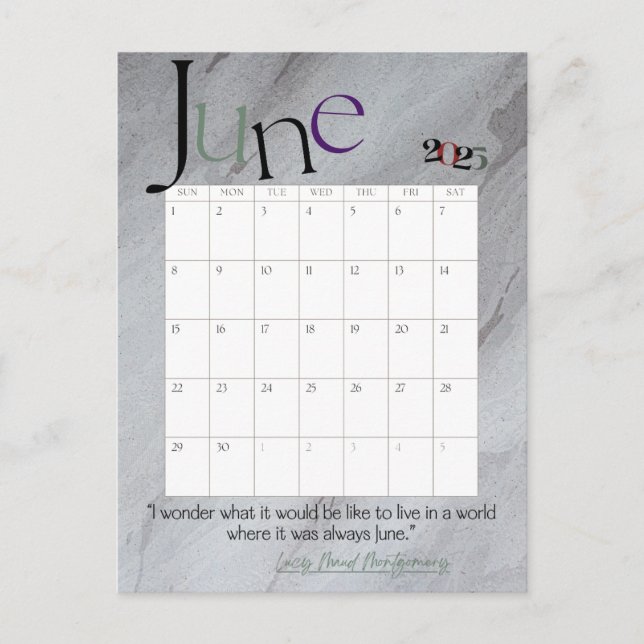 Carte Postale Juin Gris Moderne Calendrier mensuel 2025 (Devant)