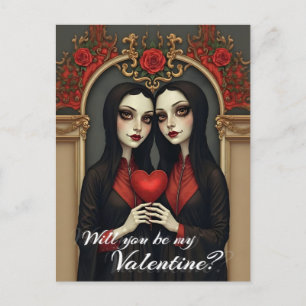 Carte Postale Jumelles gothiques de la Saint-Valentin avec cœur 
