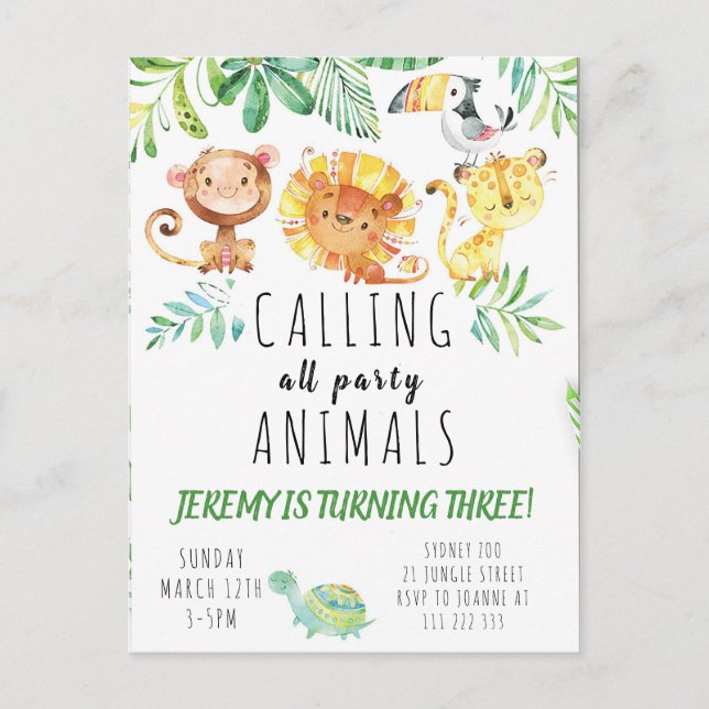 Carte postale Jungle Party Invitation pour enfants (Devant)