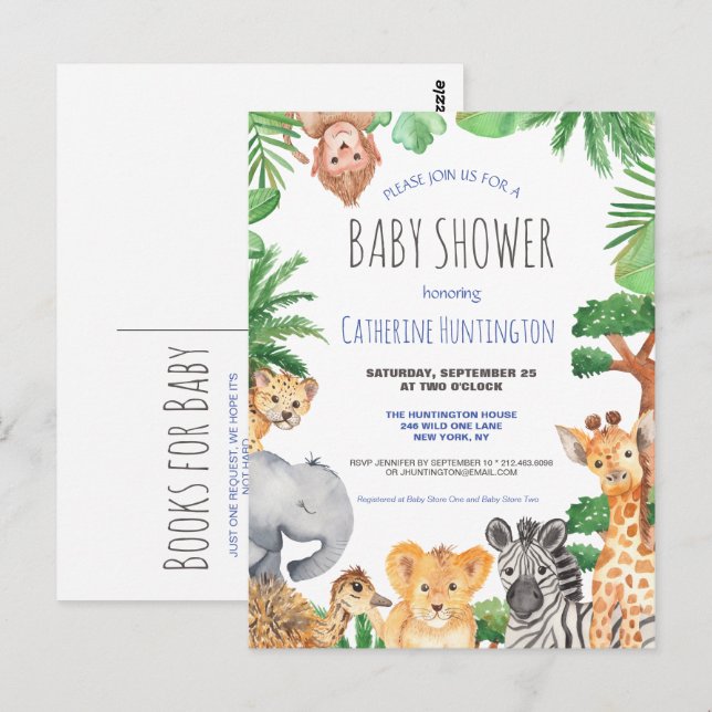 Carte Postale Jungle Safari Baby shower animal Livres pour bébé (Devant / Derrière)