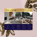 Carte Postale Juste répertorié Marine & Gold Real Estate Marketi<br><div class="desc">Carte postale marketing moderne Marine Bleue et Or juste listé Immobilier avec espace pour votre logo, photo de propriété et détails de propriété avec icônes. Cette carte postale promotionnelle marine personnalisable et fausse or Property For Sale présente un design professionnel avec de l'espace pour votre texte personnalisé et des détails...</div>