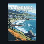 Carte Postale Kaikoura New Zealand Travel Art Vintage<br><div class="desc">Kaikoura rétro design de voyage vectoriel. Kaikoura est une ville côtière sur l'île sud de la Nouvelle-Zélande. Elle est connue pour sa faune abondante et sa population de cachalots.</div>