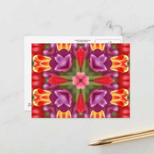 Carte Postale Kaleidoscope de tulipes colorées (Devant/Arrière en situation)