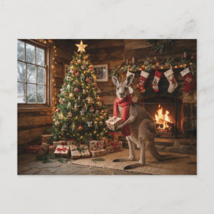 Carte Postale Kangourou festif tenant un cadeau de Noël
