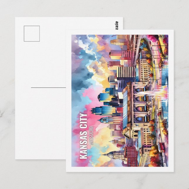 Carte Postale Kansas City Missouri USA Fameux Place aquarelle (Devant / Derrière)