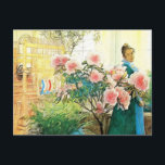 Carte Postale Karin aux fleurs roses et son métier à tisser<br><div class="desc">Aquarelle vintage de Karin Larsson avec fleurs. Son métier à tisser est à proximité dans l'arrière - plan du tableau. Images aux couleurs douces. Peinture artistique de l'artiste suédois Carl Larsson.</div>