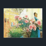 Carte Postale Karin aux fleurs roses et son métier à tisser<br><div class="desc">Aquarelle vintage de Karin Larsson avec fleurs. Son métier à tisser est à proximité dans l'arrière - plan du tableau. Images aux couleurs douces. Peinture artistique de l'artiste suédois Carl Larsson.</div>