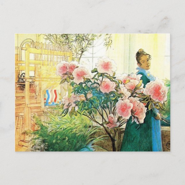 Carte Postale Karin aux fleurs roses et son métier à tisser (Devant)